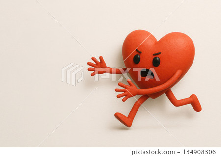 The heart with its arms and legs runs away in panic. Space for text. The heart with its arms and legs runs away in panic. Space for text. 134908306