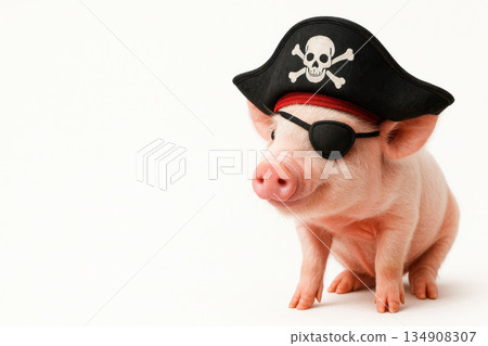 Piggy wearing a pirate hat and an eye patch. Space for text. 134908307