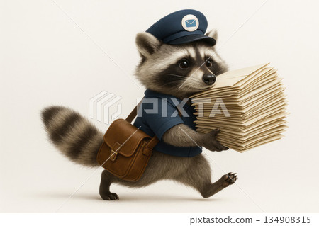 A uniformed raccoon postman carries a large stack of letters. A uniformed raccoon postman carries a large stack of letters. 134908315
