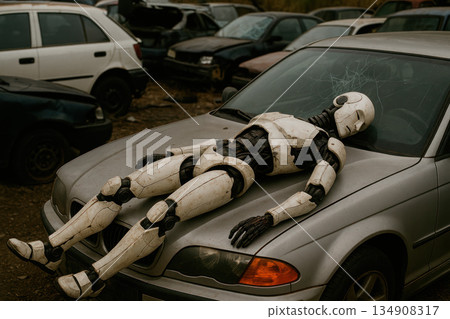 A collapsed robot lies on the hood of an old car. 134908317