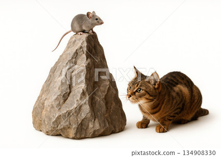The cat looks attentively at the mouse sitting on the stone. The cat looks attentively at the mouse sitting on the stone. 134908330