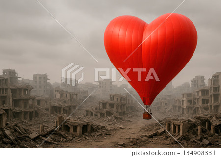 A red heart-shaped balloon among the ruins of the city. A red heart-shaped balloon among the ruins of the city. 134908331