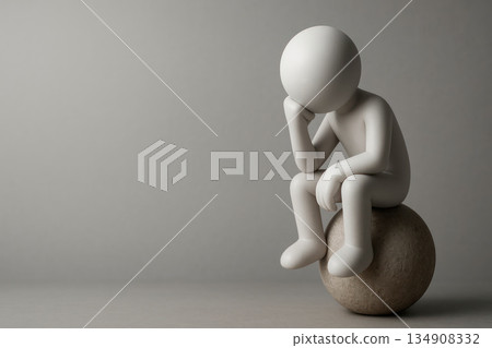 Thoughtful 3D character sitting on a stone ball. Space for text. 134908332