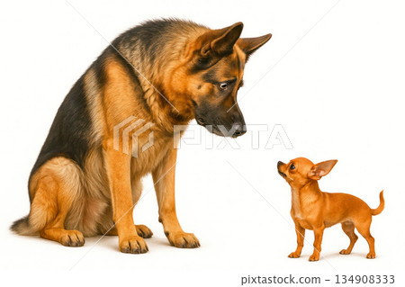A large shepherd dog and a small Chihuahua stand opposite each other. 134908333