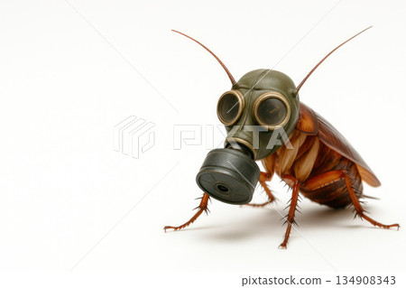 Cockroach in a gas mask on a light background. Space for text. Cockroach in a gas mask on a light background. Space for text. 134908343