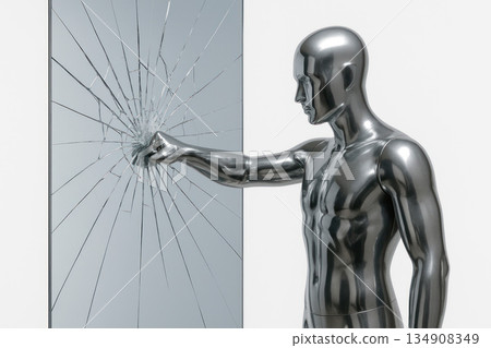A metal figure smashes a mirror with his fist. 134908349