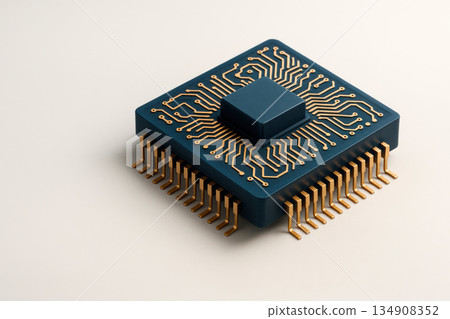 Microchip with gold contacts on a light background. Space for text. Microchip with gold contacts on a light background. Space for text. 134908352