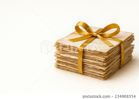 A bundle of old letters tied with a gold ribbon. Space for text. A bundle of old letters tied with a gold ribbon. Space for text. 134908354