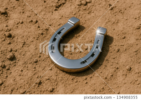 A steel horseshoe lies on the sand and shines. A steel horseshoe lies on the sand and shines. 134908355