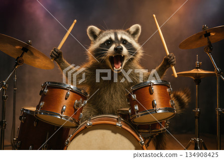 A raccoon drummer plays the drums on stage. 134908425