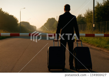 A man with suitcases at the barrier. 134908427