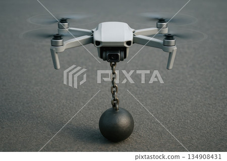 A drone with a chain and a heavy ball cannot take off. A drone with a chain and a heavy ball cannot take off. 134908431
