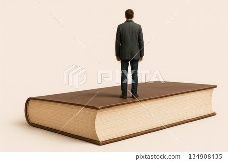 A man stands on a huge book. Space for text. 134908435