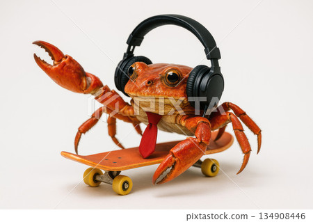 A crab in headphones and a tie rides a skateboard. Space for text. 134908446