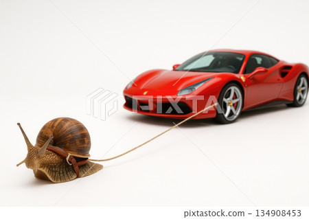 A snail pulling a red sports car on a rope. Space for text. 134908453