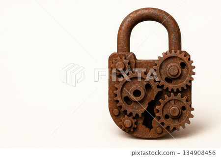 A rusty lock with gears in a mechanical style. Space for text. 134908456