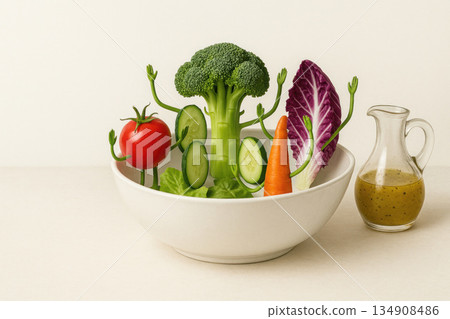 A dish with revived vegetables and sauce on a light background. Space for text. A dish with revived vegetables and sauce on a light background. Space for text. 134908486