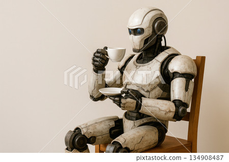 Humanoid robot sitting with a cup of tea. Space for text. Humanoid robot sitting with a cup of tea. Space for text. 134908487