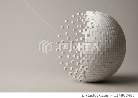 A white sphere that splits into cubes. Space for text. 134908495