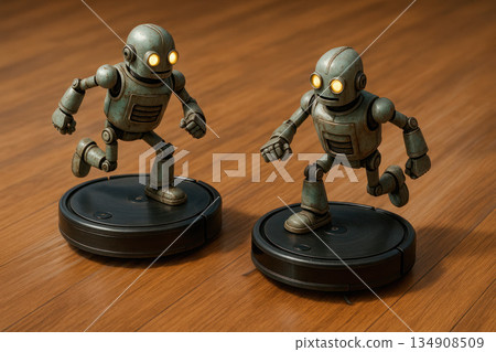 Two robots running on robot vacuum cleaners. Two robots running on robot vacuum cleaners. 134908509