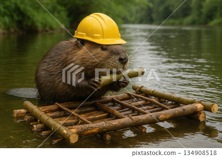 A beaver in a construction helmet builds a raft on the river. A beaver in a construction helmet builds a raft on the river. 134908518