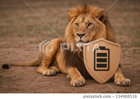 A lion with a cardboard shield with a battery symbol. Space for text. A lion with a cardboard shield with a battery symbol. Space for text. 134908519