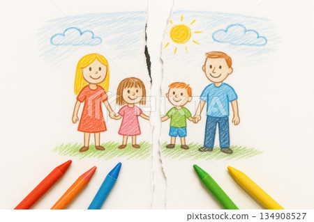 A torn child's drawing of a family separated after the divorce of parents. A torn child's drawing of a family separated after the divorce of parents. 134908527