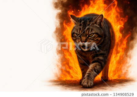 The cat walks through the fire with a determined look. Space for text. The cat walks through the fire with a determined look. Space for text. 134908529