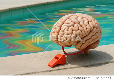 A brain with a coach's whistle by the pool. Space for text. A brain with a coach's whistle by the pool. Space for text. 134908531