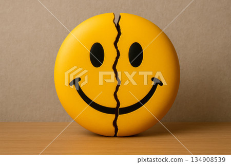 A yellow smiley face with a crack symbolizes inner pain. 134908539