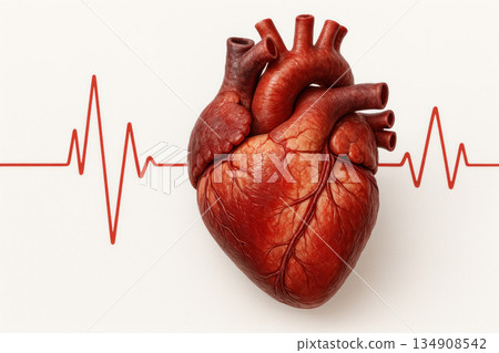 Realistic human heart with pulse line background. Space for text. 134908542