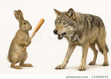 Rabbit with a bat against a wolf on a light background. Rabbit with a bat against a wolf on a light background. 134908555