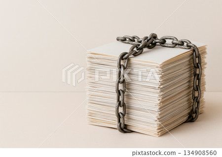 A stack of documents tied with chains. Space for text. A stack of documents tied with chains. Space for text. 134908560