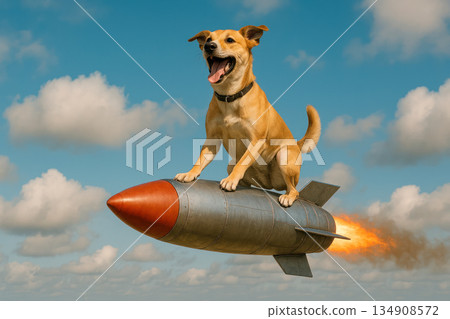 A dog flies on a rocket in the sky. 134908572