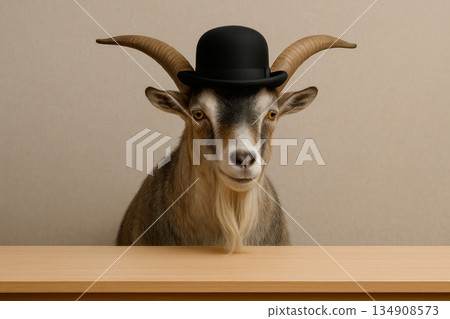 A goat in a black pot at a wooden table. A goat in a black pot at a wooden table. 134908573