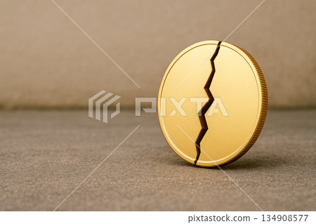 A gold coin with a crack in the center. Space for text. 134908577