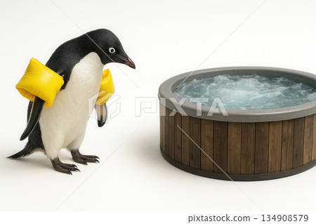 A penguin with armbands in front of a jacuzzi. 134908579