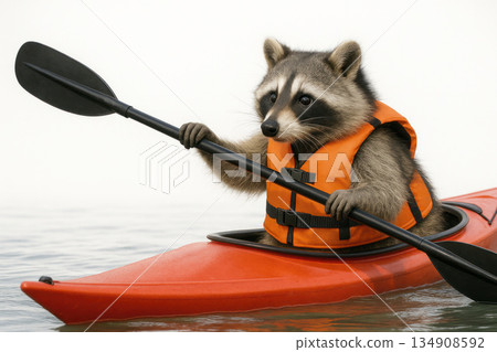 Raccoon in life jacket paddling in kayak. Raccoon in life jacket paddling in kayak. 134908592