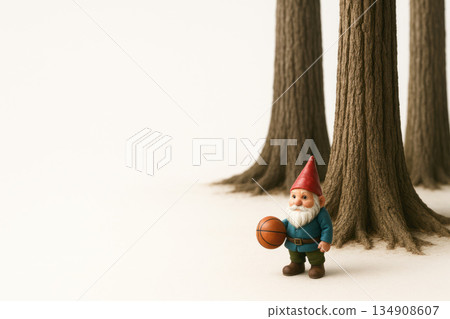 Garden gnome with a basketball near the trees. Space for text. Garden gnome with a basketball near the trees. Space for text. 134908607