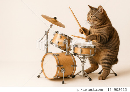 The cat plays the drums. Space for text. The cat plays the drums. Space for text. 134908613