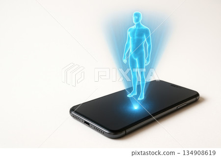 A blue hologram of a person above a smartphone. Space for text. A blue hologram of a person above a smartphone. Space for text. 134908619