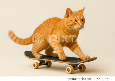 A ginger cat rides a skateboard. A ginger cat rides a skateboard. 134908620