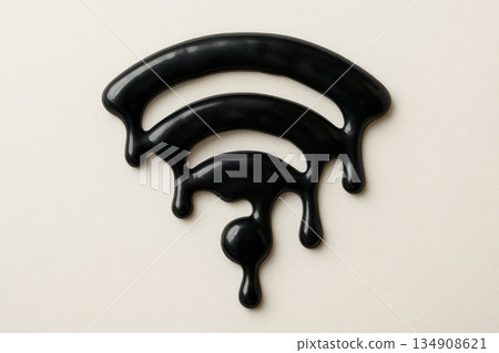 A photorealistic melting Wi-Fi symbol made of black liquid. Space for text. 134908621