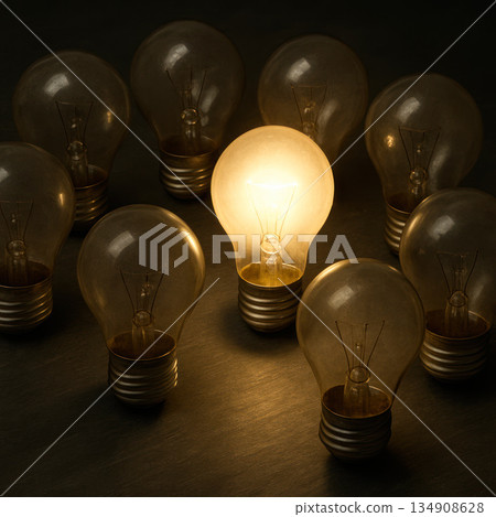 One light bulb turned on among many turned off lamps. One light bulb turned on among many turned off lamps. 134908628