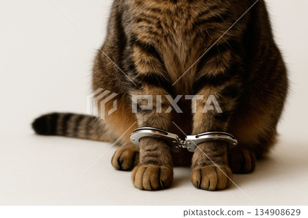 A cat in handcuffs, restriction of freedom of animals. 134908629