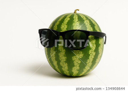Watermelon in sunglasses on a light background. Space for text. Watermelon in sunglasses on a light background. Space for text. 134908644