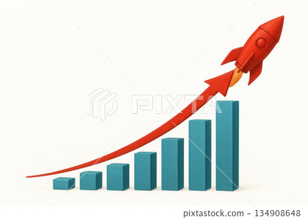A red rocket soars over the growing chart. Space for text. 134908648