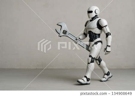 The robot carries a huge metal wrench. Space for text. The robot carries a huge metal wrench. Space for text. 134908649