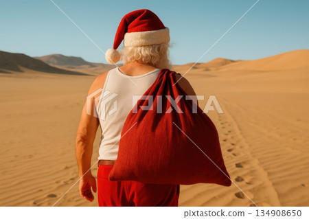 Santa Claus walks through the hot desert with a bag of gifts. Santa Claus walks through the hot desert with a bag of gifts. 134908650