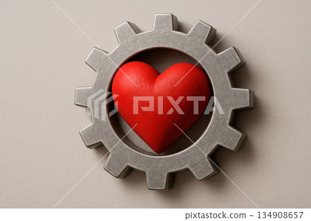 A red heart inside a metal gear. A red heart inside a metal gear. 134908657